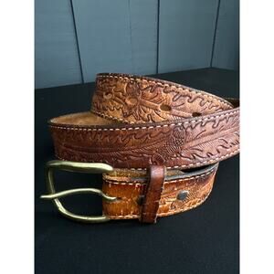 Vintage Tony Lama Western Tooled Leather Brown Gold Tone Buckle Belt Acorn Oak